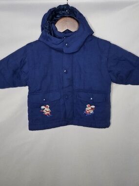 VTG Kids N Fun Navy Blue Snap Front Removable Hoodie Quilted Jacket Dog Sled 12M